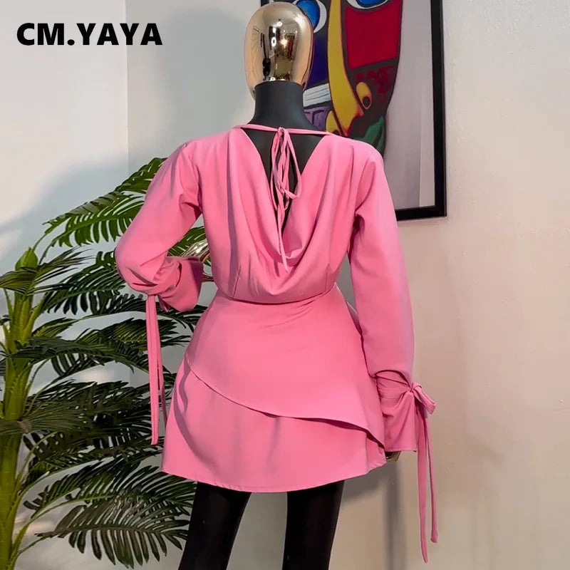 Women Tie Up Bow Long Sleeve O-neck Mini Dress 2025 Birthday Holiday Sexy Club Party Evening High Street A-Line Dresses