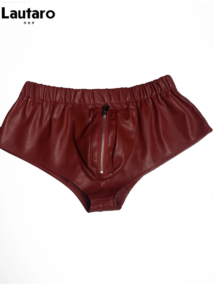 Lautaro Summer Soft Red Faux Leather Shorts for Men Elastic Waist Luxury Designer Emo Clothes Mens Underwear Sexy Thong 2025 Red