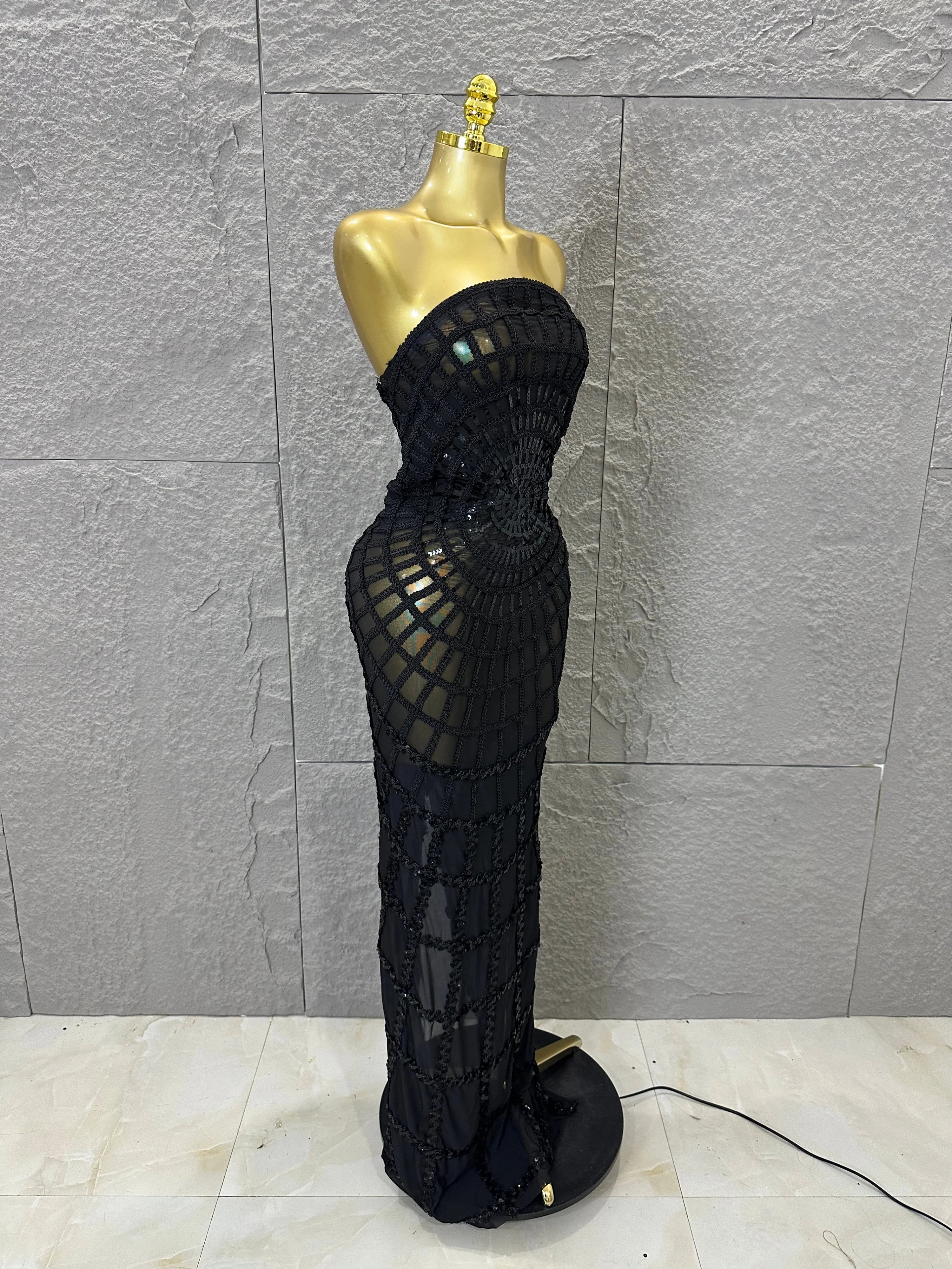 Women Sexy Strapless 3D Grid Embellished Bodycon Mermaid Outfit Stage Performance CostumeElegant Sequined Sheer Mesh Maxi Dress