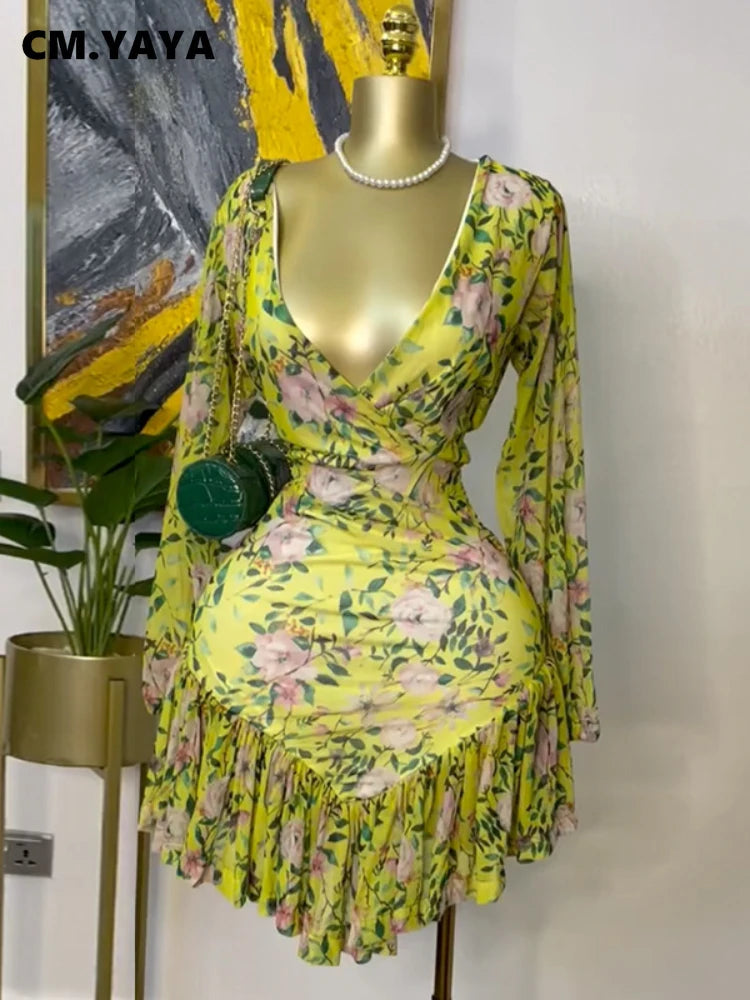 CM.YAYA Women Floral Printed Long Sleeve V-neck Ruffles Mini Dress 2025 Beach Evening Sexy Beach Party Birthday Street Dresses