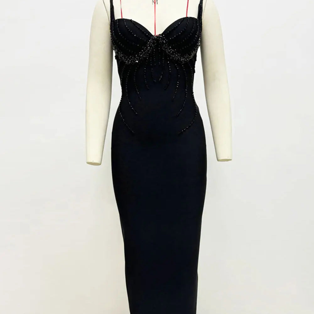 2025 Sexy Women Three-Dimensional Rhinestone Design Bandage Dress Spaghetti Strap Sleeveless Bodycon Backless Midi Dress Vestido black