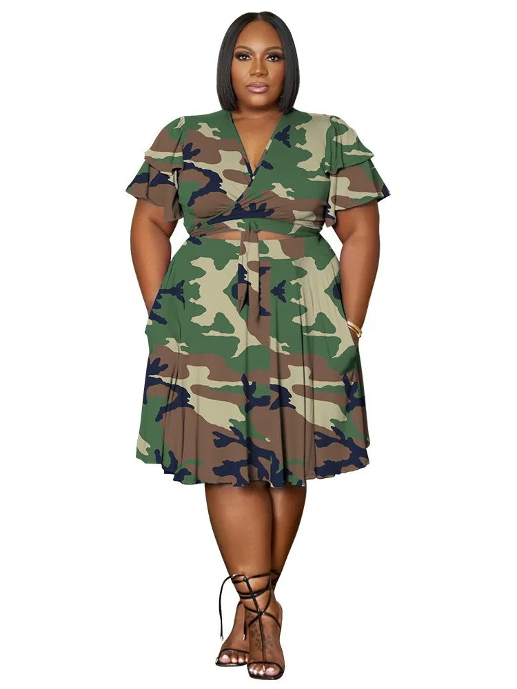 Wmstar Plus Size Shorts Sets Casual V Neck Crop Top and Short Skirts Two Piece Women Matching Outfits Wholesale Dropshipping