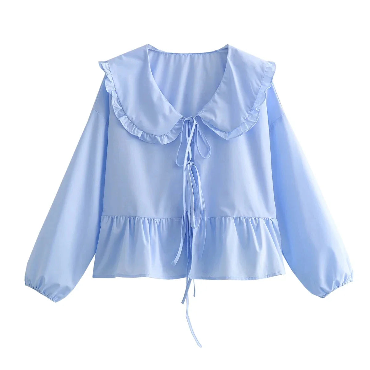 EDSA Women Elegant Ruffles Shirt Summer Blouse with Peter Pan Collor Lantern Sleeves Bow Buttons Sweet Soft Top Blue