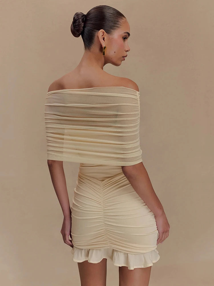 Mesh Strapless Off-shoulder Sexy Ruffled Mini Dress For Women Fashion Backless High Waist Female Ruched Party Dress