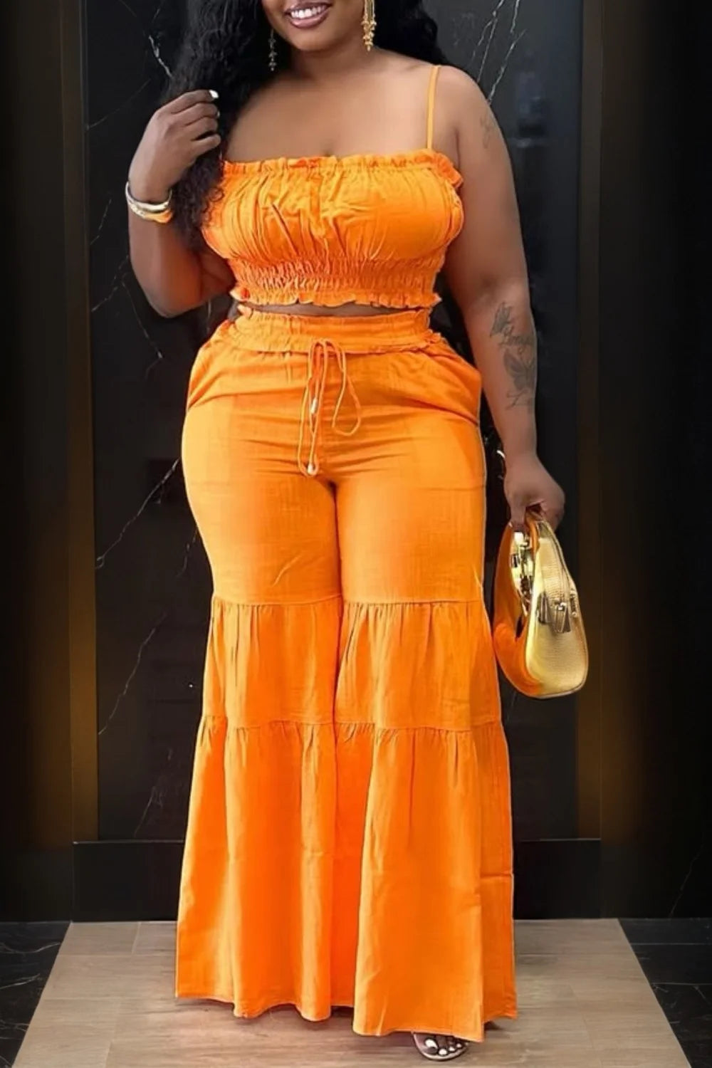 Plus Size Vacation Orange Casual Smocking Two Piece Pant Sets Orange