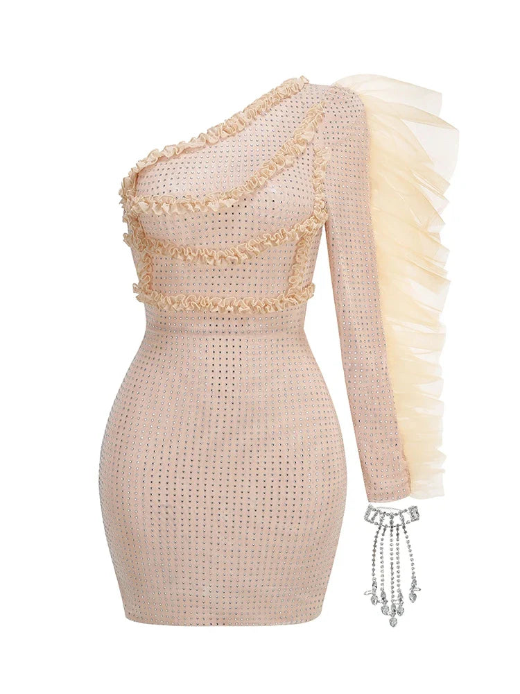 Sexy One Shoulder Ruffles Long Sleeves Diamonds Dress With Bracelet Women Slash Neck Mesh Mini Bodycon Dresses Cocktail Party APRICOT