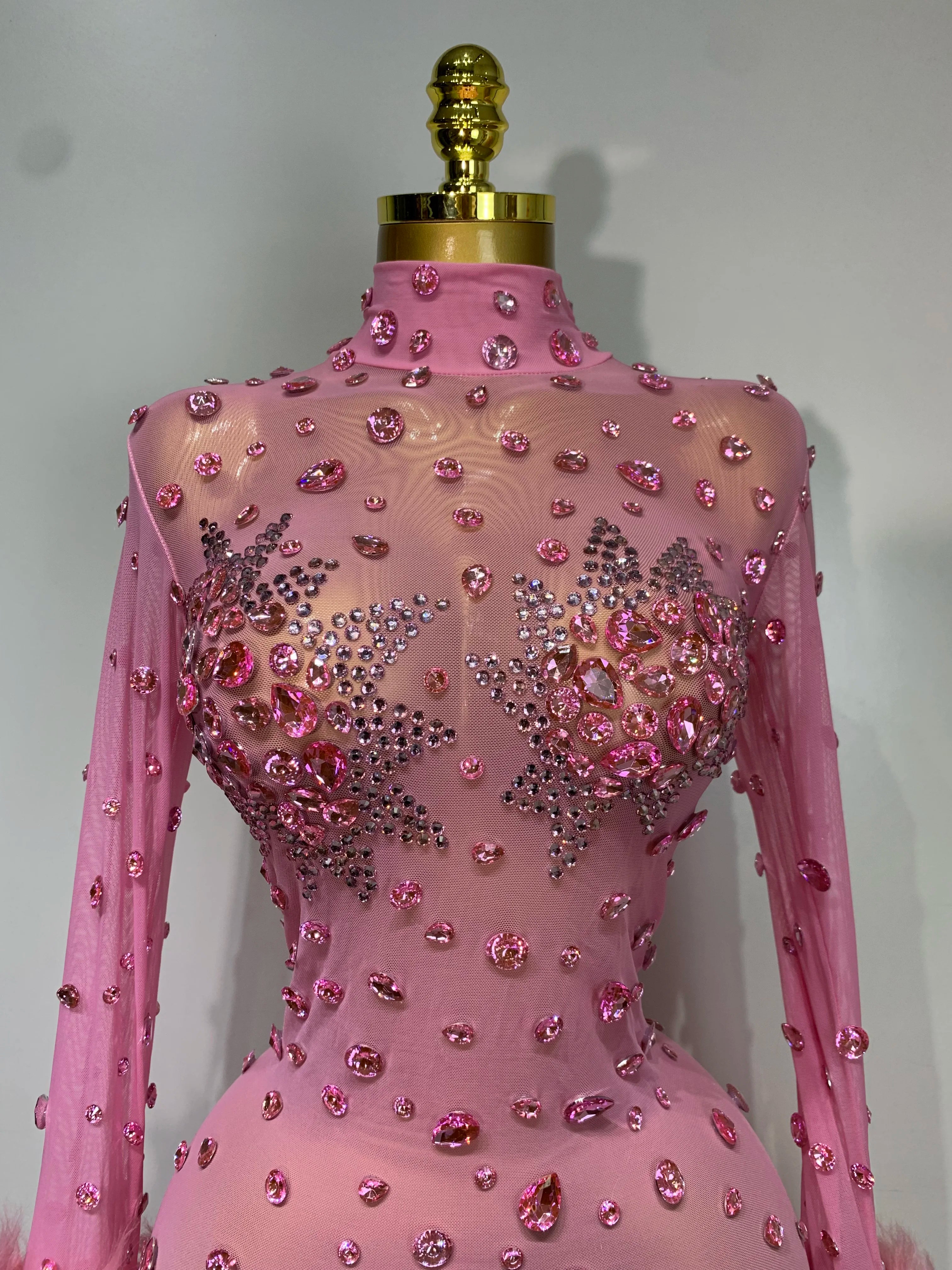 Shiny Diamond Mesh See Through Bodycon Jumpsuit Women Sexy Long Sleeve Performance Singer Costume Nightclub Stage Outfit