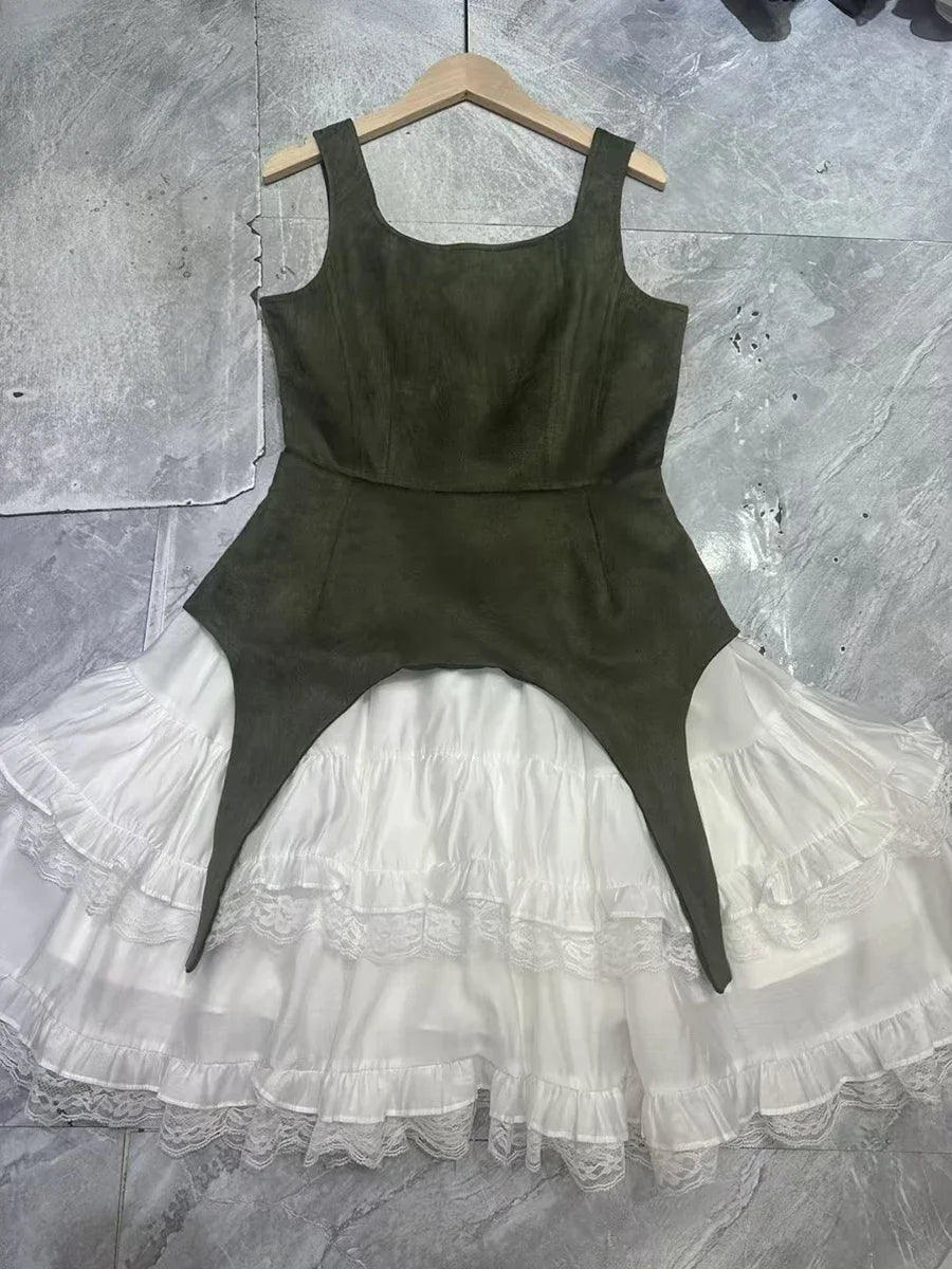 Colorblock Slimming Temperament Dresses for Women Square Neck Sleeveless Patchwork Ruffles Fold Dress Female New