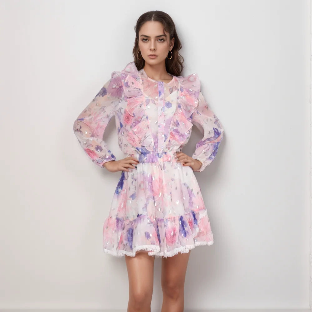 Colorful Two Pieces Set For Women Round Neck Long Sleeve Top High Waist Mini Skirts Summer Mesh Set Female 2024 Clothing New