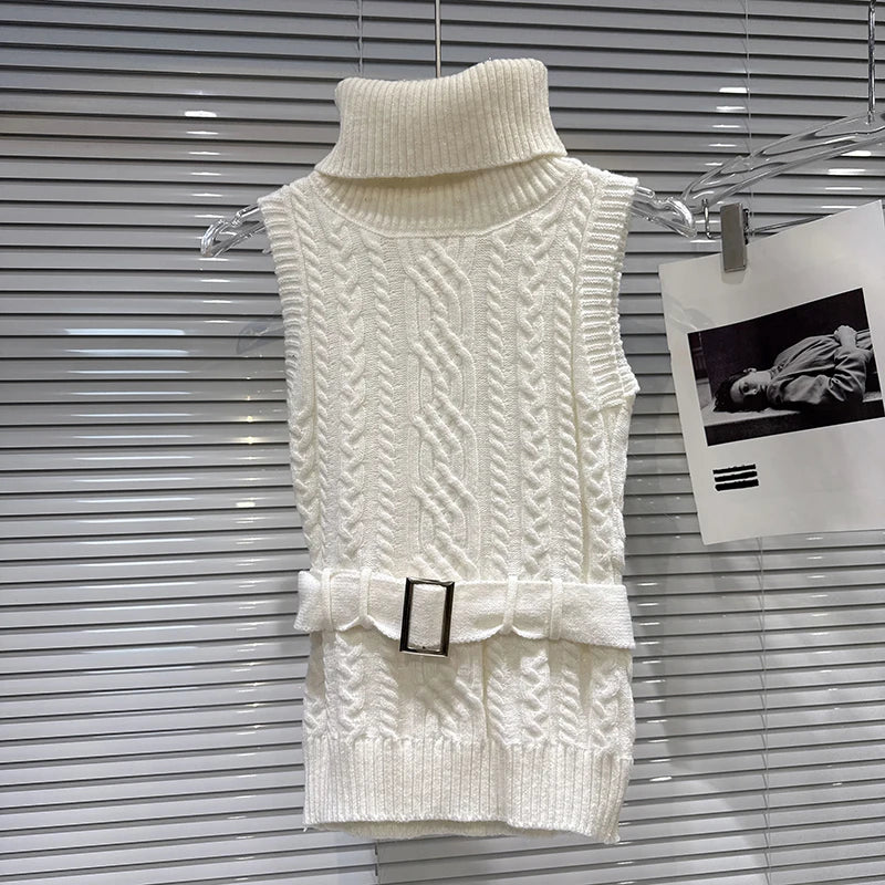 Winter New Fashionable Elegant Jacquard Knitted High Neck Vest With Belt Vest For Women Solid Color Tank Top 11A07949 White One Size