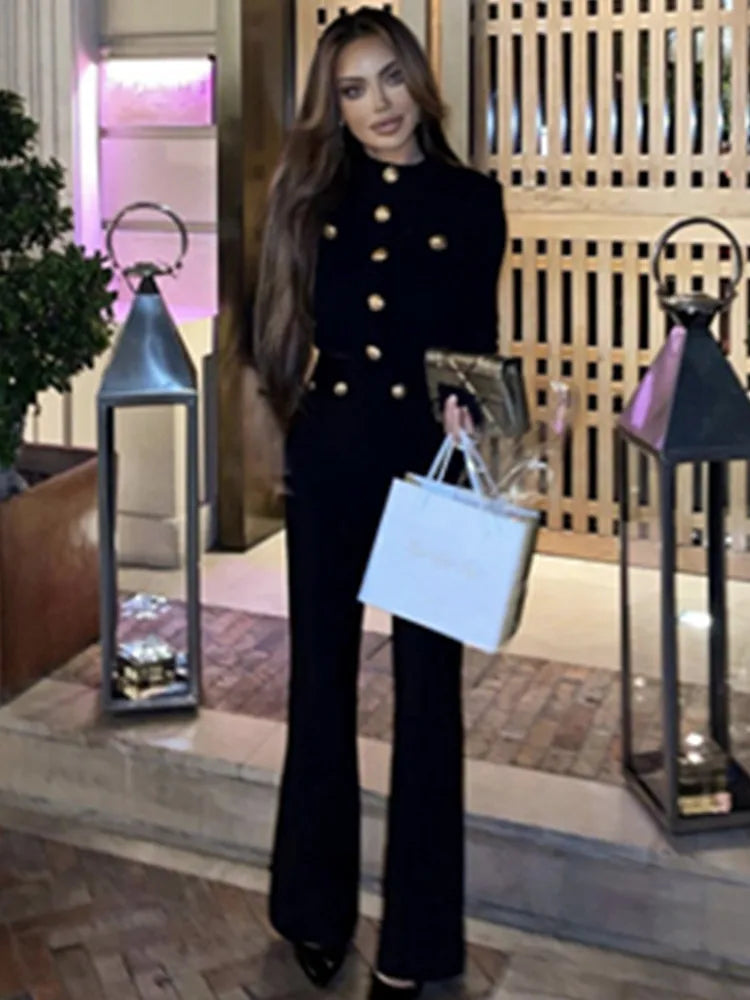 New Autumn Style Black Color Women Long Sleeve Button Rayon Bandage Coat Pants Fashion Women's Set High Street Celebrate Wear