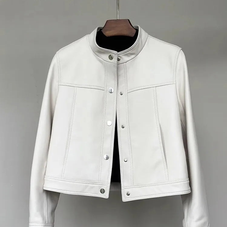 Lautaro Spring Autumn Short White Soft Pu Leather Jacket Women Stand Collar Long Sleeve Elegant Chic Luxury Designer Clothing White