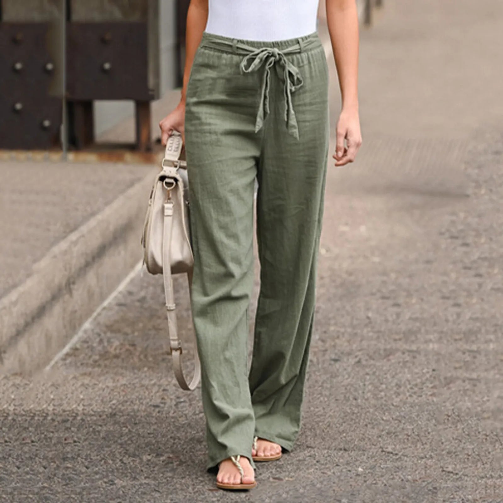 Fashion Women'S Linen Pants Solid Hight Waist Trousers Female Plus Size Ankle-Length Trousers Summer Casual Pants Oversized Army Green