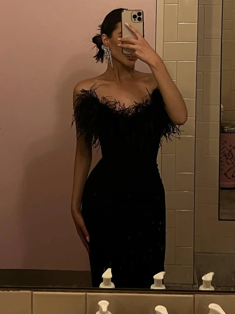 Woman Strapless Feather Design Dress For Party Chic Bodycon Bandage Black Long Dress Vestido