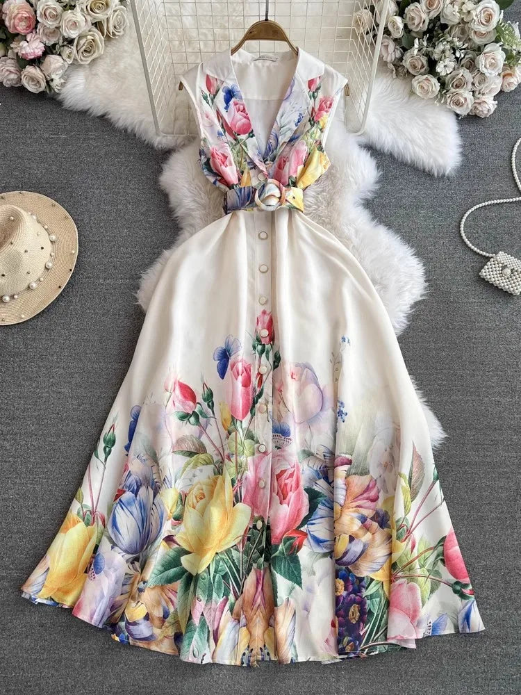 2024 Summer Holiday Beach Dress Women's Notched Collar Sleeveless Single Breasted Floral Print Belt Long Boho Party Vestido 6389 apricot