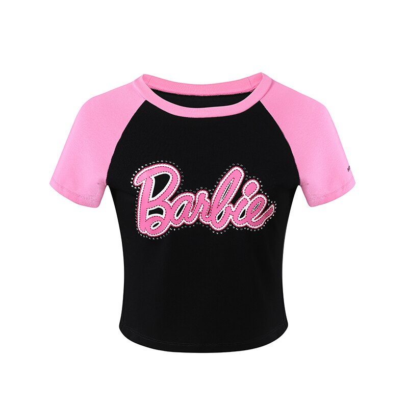 Underpass X Barbie Print Hot Drill Navel Slim Fit Contrast Short-Sleeved T-Shirt Y2K Girls Skinny Short Sleeves Fashion Soft Top black