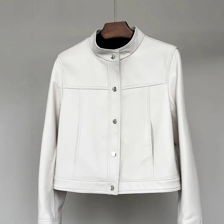 Lautaro Spring Autumn Short White Soft Pu Leather Jacket Women Stand Collar Long Sleeve Elegant Chic Luxury Designer Clothing