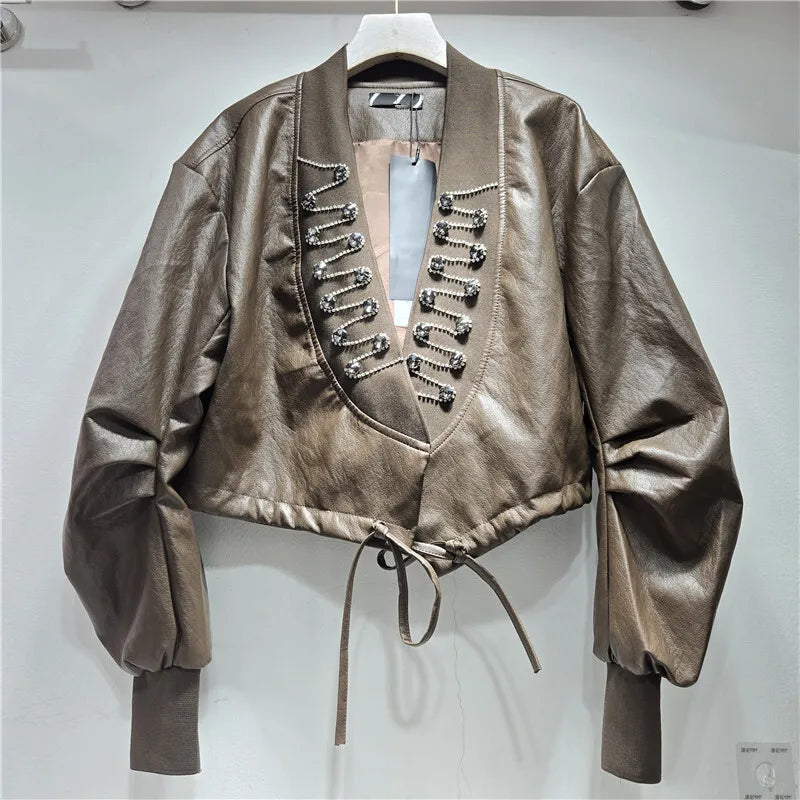 Autumn Winter Fashion V-Neck PU Leather Heavy Beading Design Pleated Coat For Women High Street Jacket Trendy 11A07727 Coffee One Size