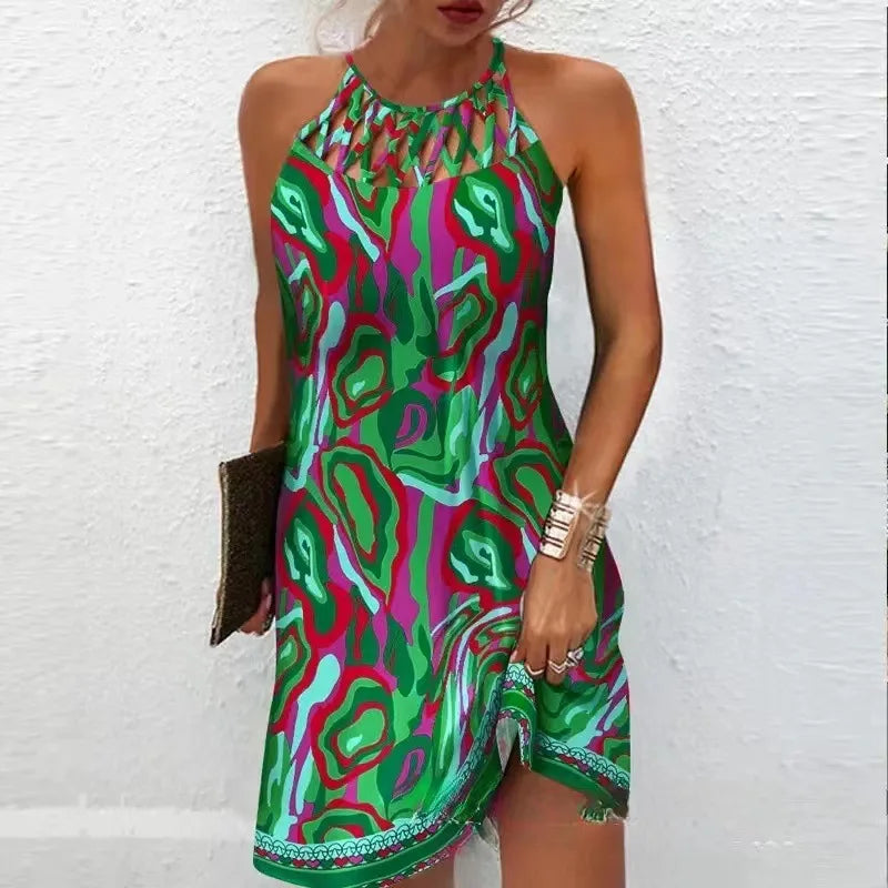 Y2k Women's Straight Dress Korean Summer Bohemian Vestidos Multicolor Abstract Print Hollow Mini Sleeveless Dress Female Платье Green