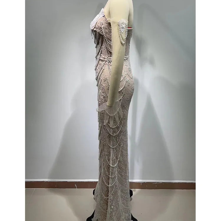 Women Luxury Sexy Strapless Backless Pearl Sequins Maxi Long Gowns Dress 2024 Elegant Evening Party Club Dress Vestido