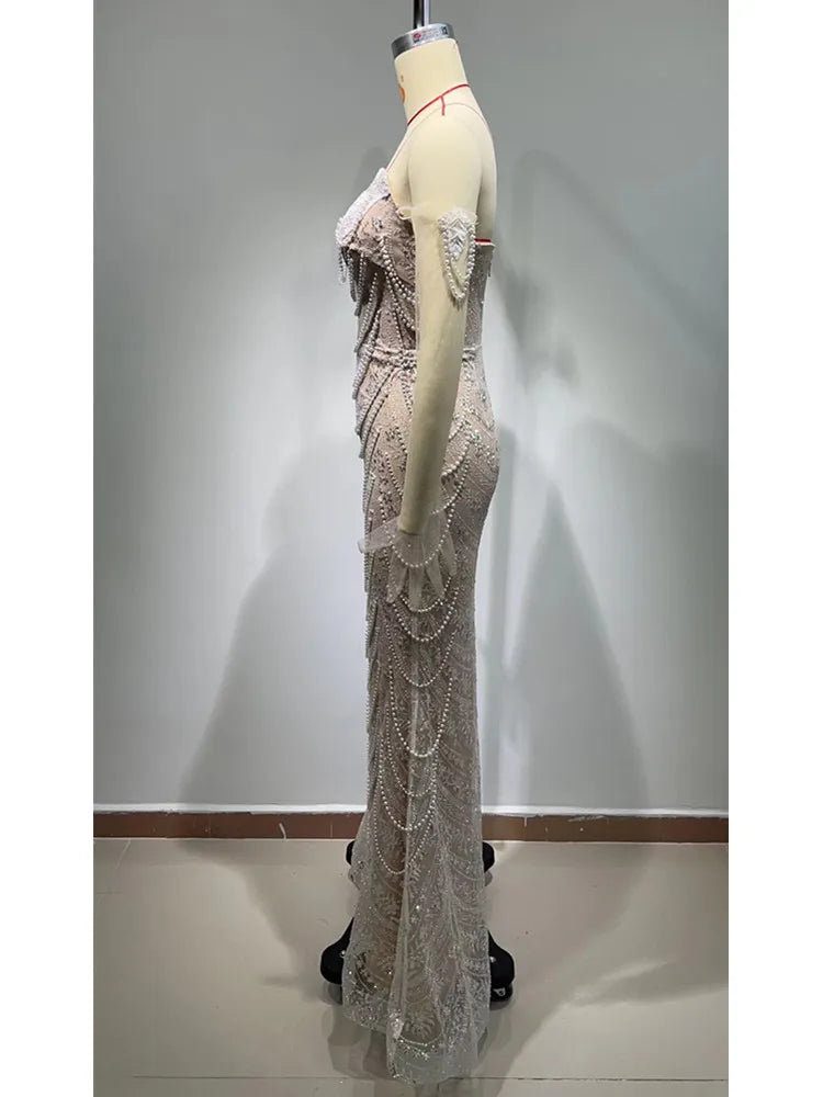 Women Luxury Sexy Strapless Backless Pearl Sequins Maxi Long Gowns Dress 2024 Elegant Evening Party Club Dress Vestido