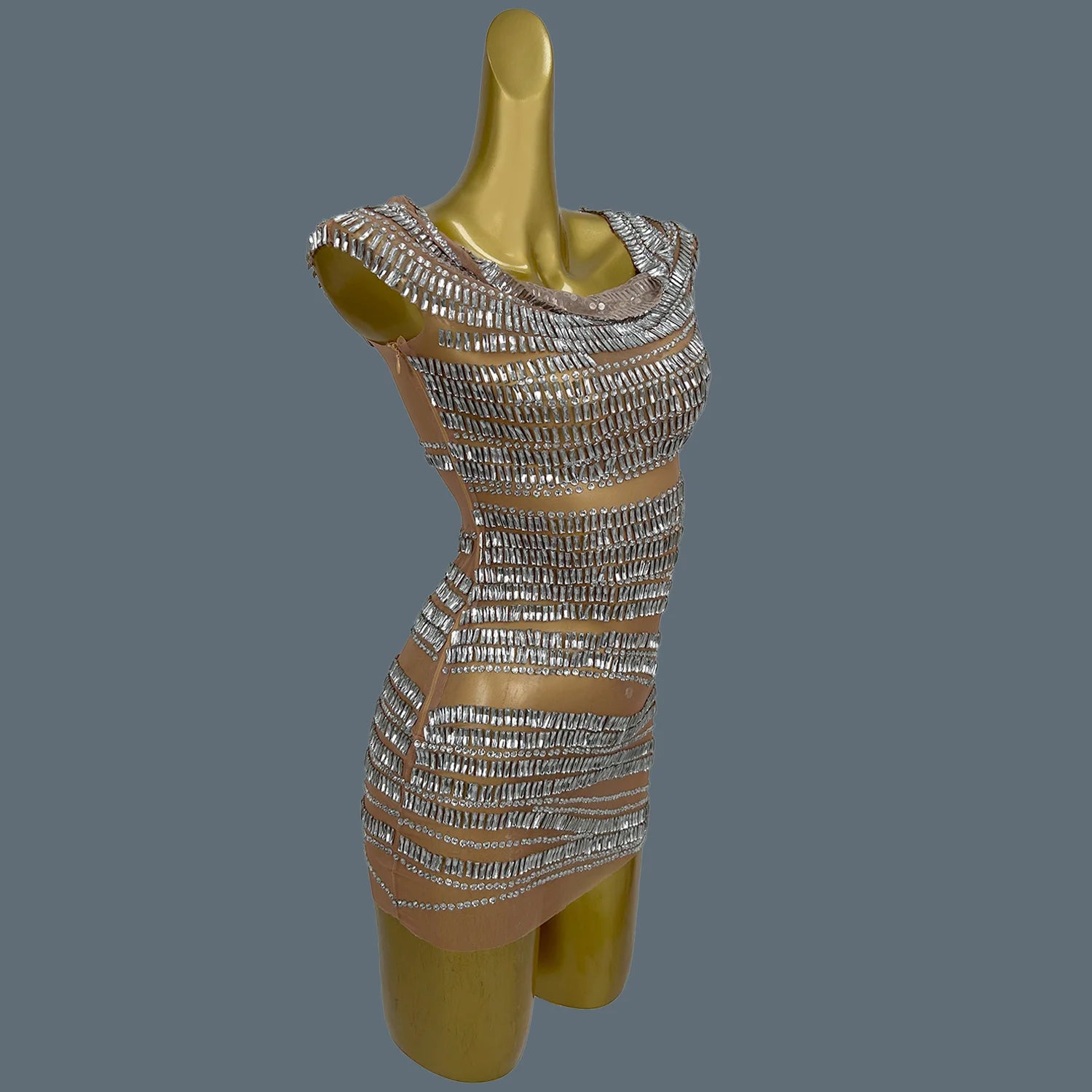 Women Sparkly Crystals Short Dress Sexy Mesh See Through Birthday Party Event Dress Show Stage Wear Performance Costume Yizijian