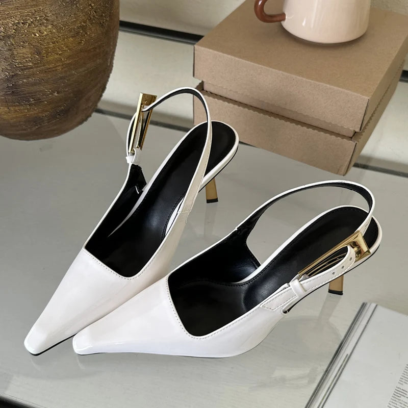 Eilyken Street Style Sexy Pointed Toe Metal Buckle Strap Women Pumps Stripper Sandals Slingback High Heels Female Shoes White