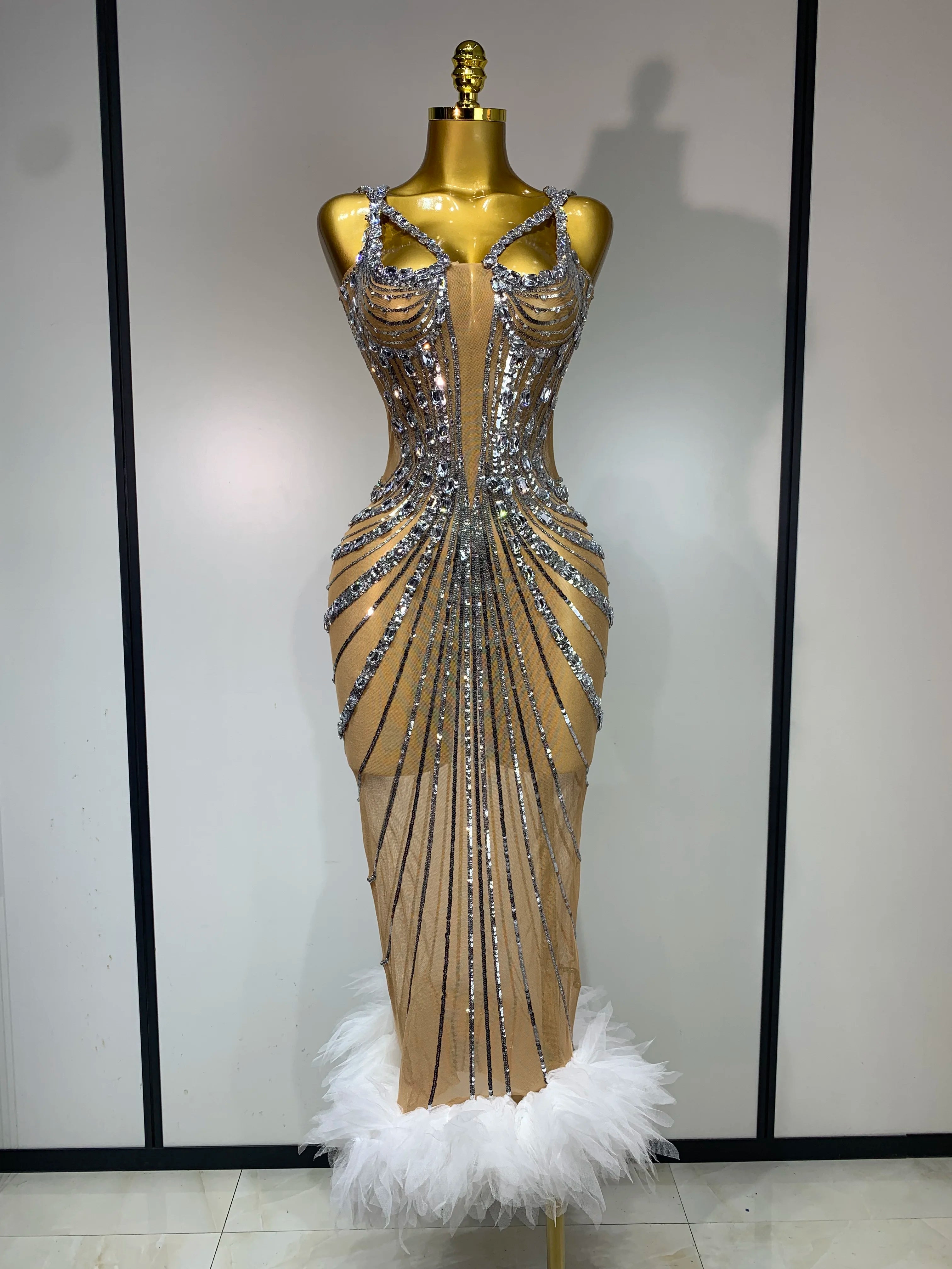 2025 Luxury Sexy Silver Rhinestone White Mesh See Through Long Dress Women Birthday Party Prom Gown Singer Nightclub Outfit Silver