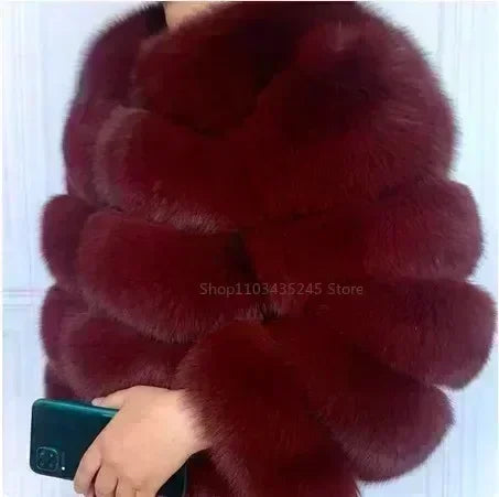 Women's Fashion Faux Fur Coat Super Hot Autumn Winter Women Short Faux Fox Fur Fluffy Jacket High Quality 5xl Ladies Furry Coats Crimson red