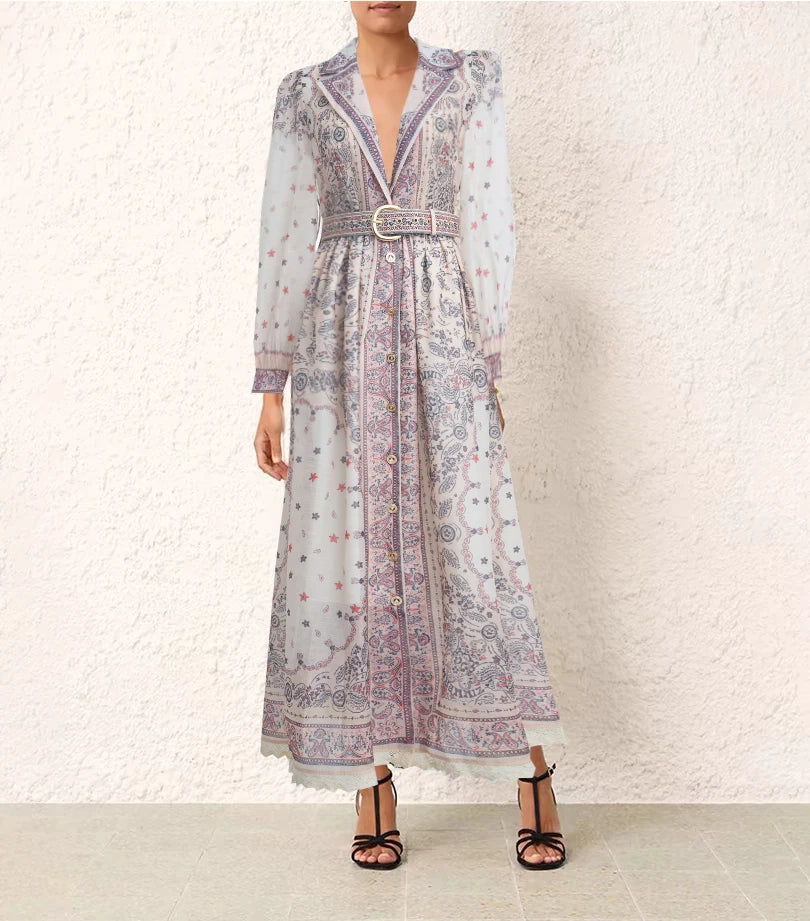 Summer Vintage For Women Printing Dresses Long Sleeve Lapel Single Breasted Chiffon Dress High Waist New Luxury Female Clothing Khaki