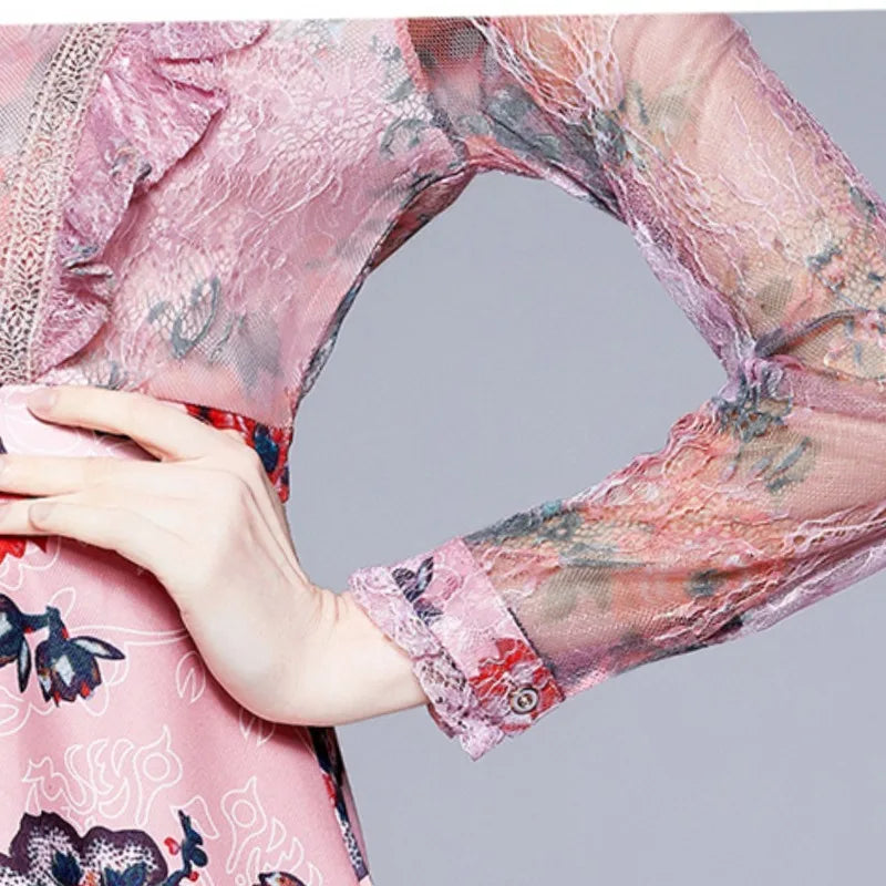 2024 New Women's Summer Fashion Retro Print Stand Up Neck Lace Splice Style Bow Slim Fit Long Sleeved Mid Length Version Dress