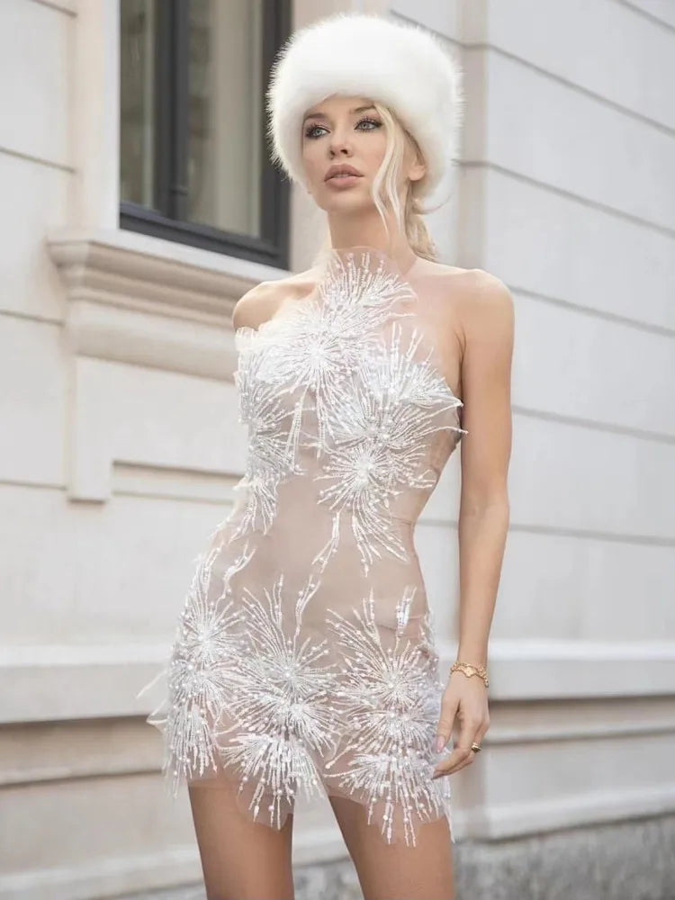 Women Sexy Off the Shoulder Mesh SeeThrough Bodycon Mini Dress Sequins Nightclub Party Celebrate Dress WHITE
