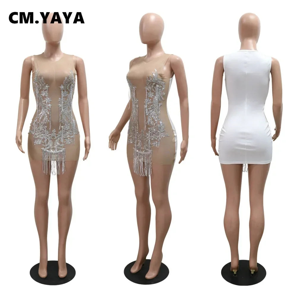 CM.YAYA Women O-neck Sequined Tassel Mini Dress Sleeveless Mesh See Through Sexy Pencil Dresses Sexy Fashion Vestidos Summer
