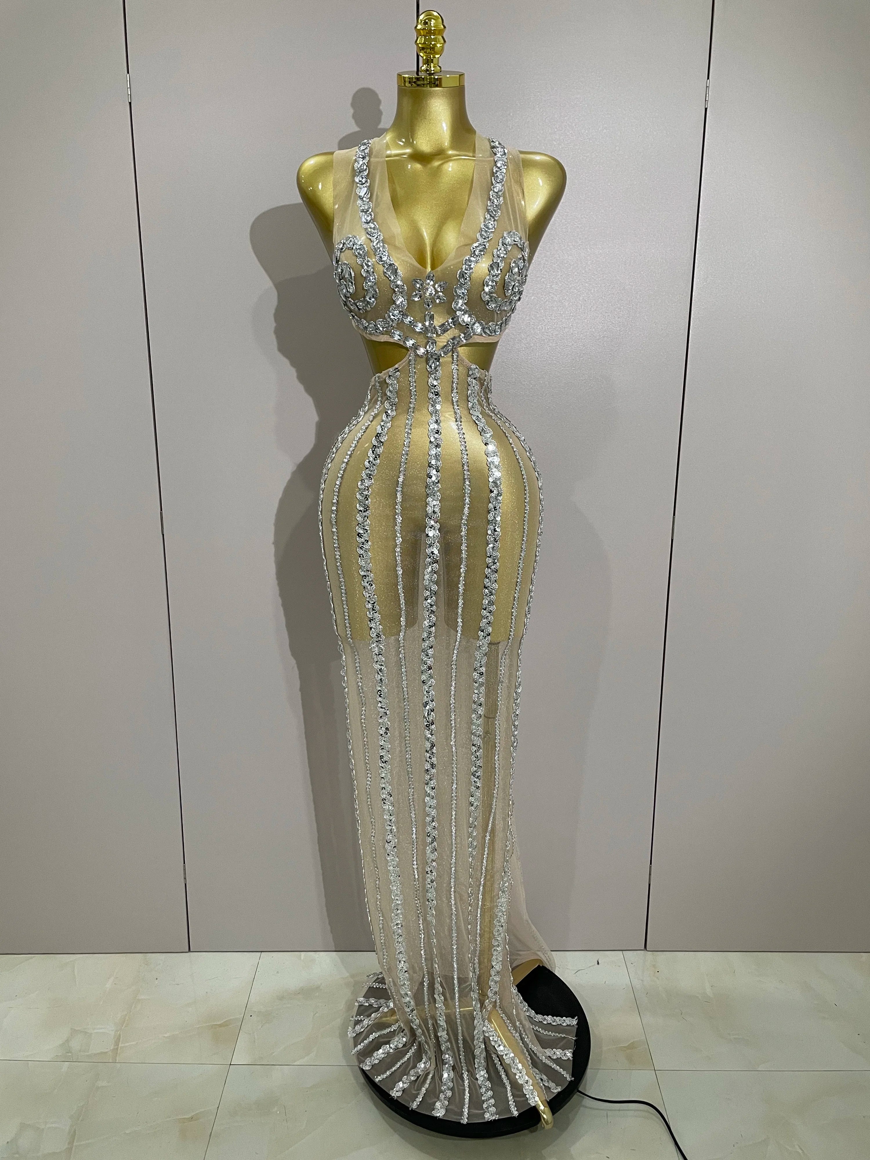 Luxury Sparkly Diamonds Sequins Sexy Mesh See Through Long Dress 2025 Women Celebrate Birthday party Dresses Festival Costume Silver