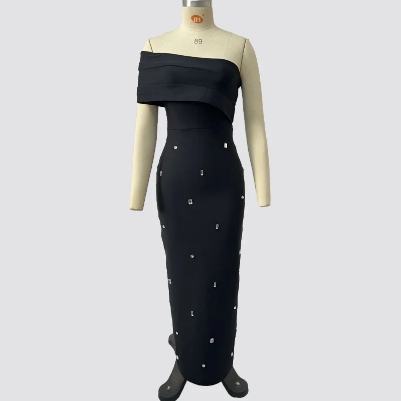 4 Colors Women Sexy Strapless Shinning Rhinestones Bodycon Long Bandage Dress Nightclub Party Celebrate Fashion Birthday Outfit