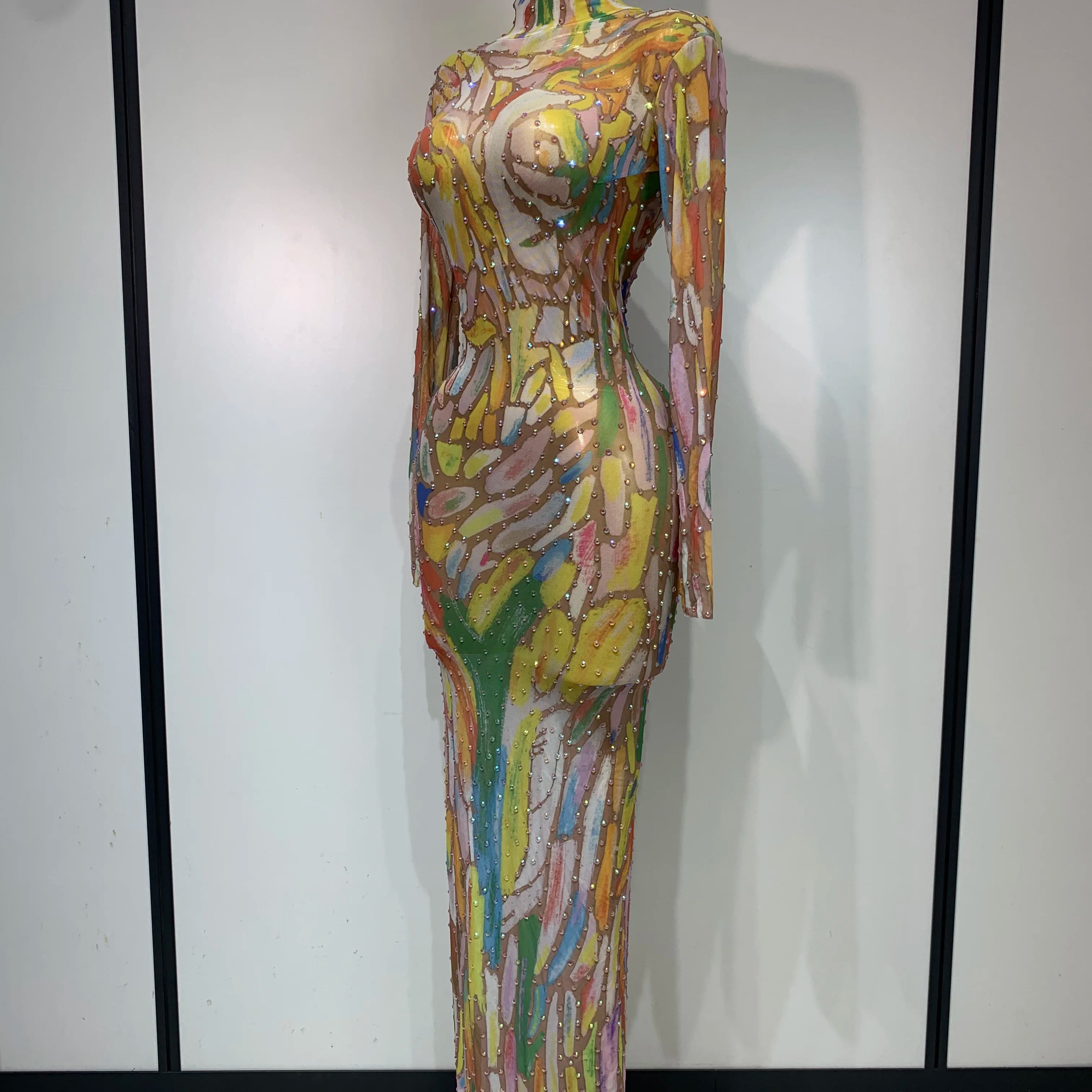 Sparkly Rhinestone Stretchy Mesh See Through Jumpsuit Women Performance Dancer Costume Rompers Party Nightclub Stage Outfit