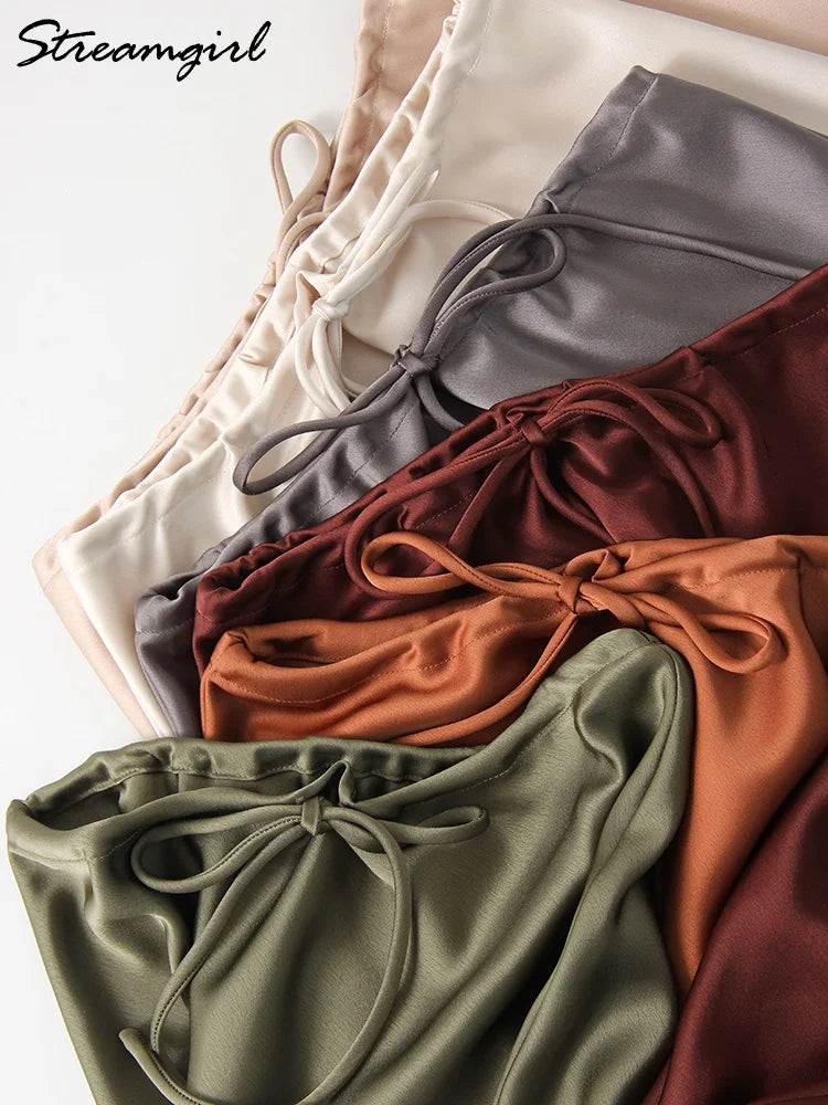 Streamgirl A Line Long Satin Skirts For Women Black Elegant High Waist Maxi Beige Skirts Silk Lace Up Long Skirt Women