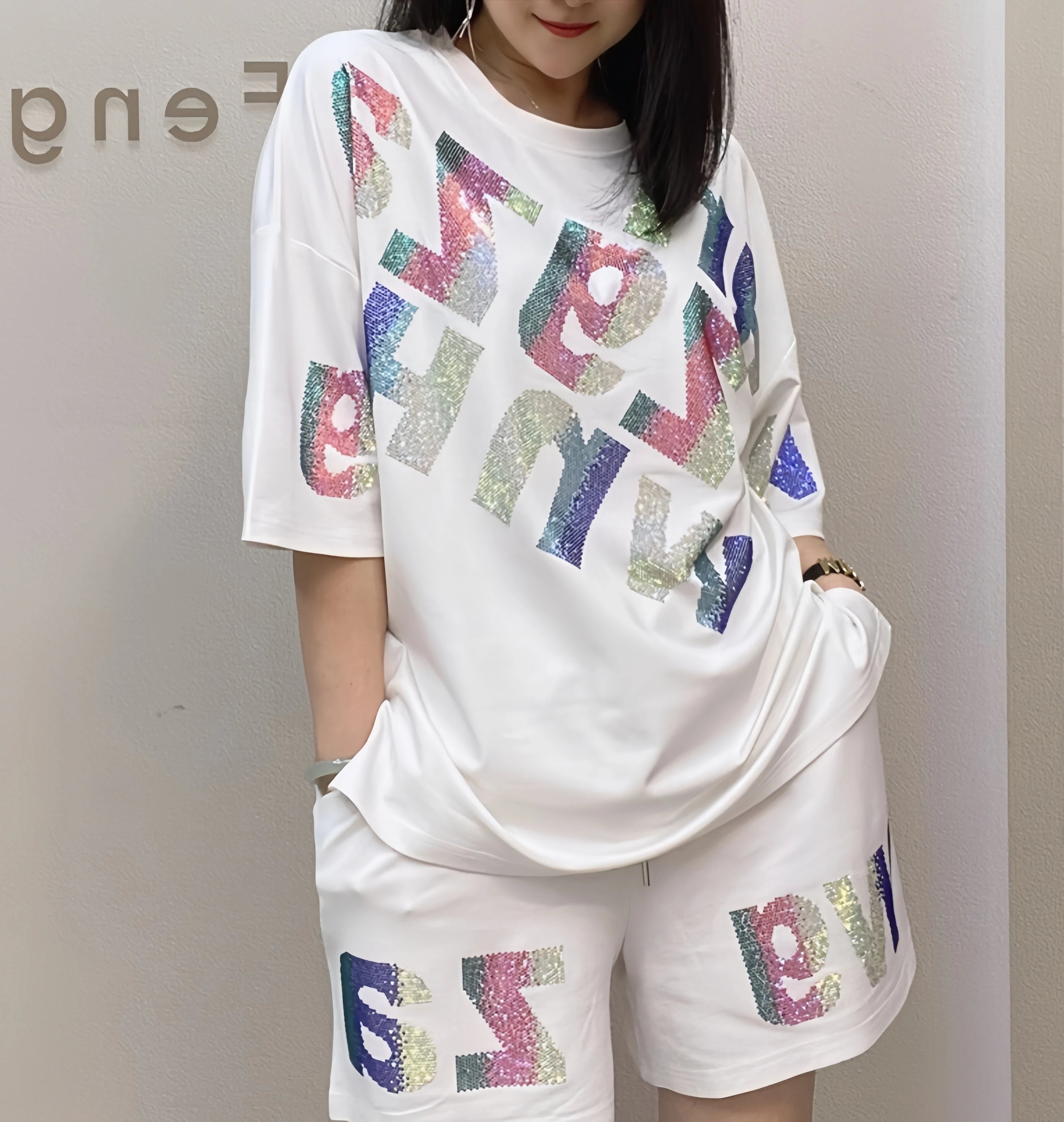 Oversized summer short-sleeved T-shirt and shorts casual set, Rhinestone wide-leg pants two-piece women's set