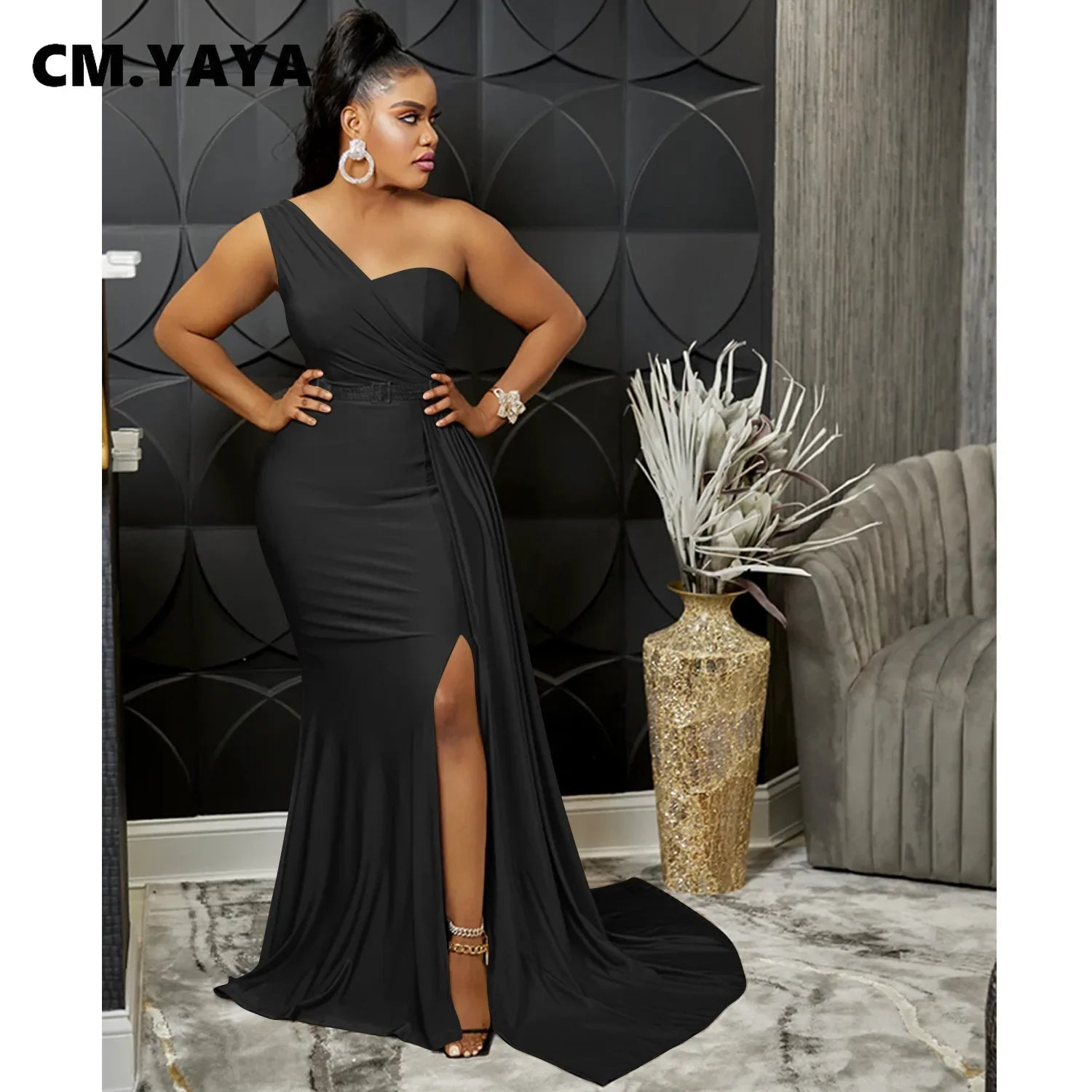 One Shoulder Skew Neck Tassel Side Floor Length Mermaid Long Maxi Dress Women 2022 Sexy Party Club Even Prom Dresses black