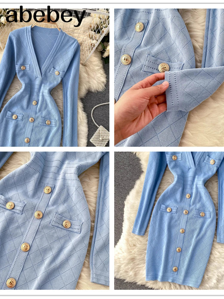 Women Knitted Pencil Dress Korean Long Sleeve V Neck Elastic Slim Dress Autumn Winter Sexy Bodycon Warm Sweater Dress