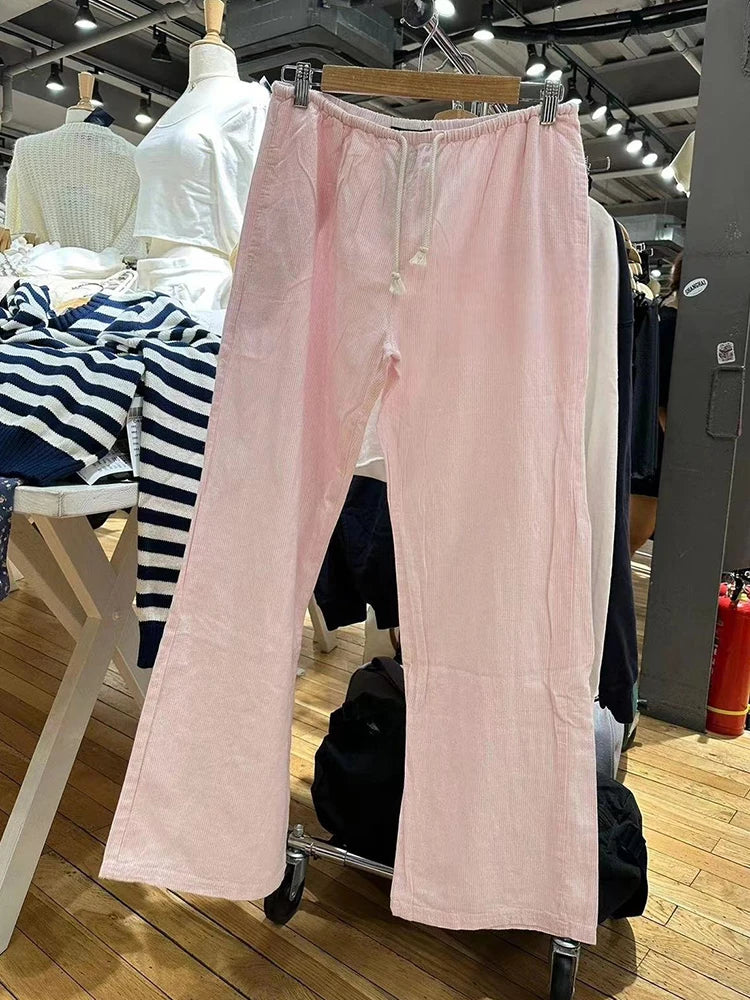 Retro Pink Striped Drawstring Sport Pants Women Autumn High Waist Linen Casual Wide Leg Pants Y2k Streetwear Loose Trousers Chic Pink One Size