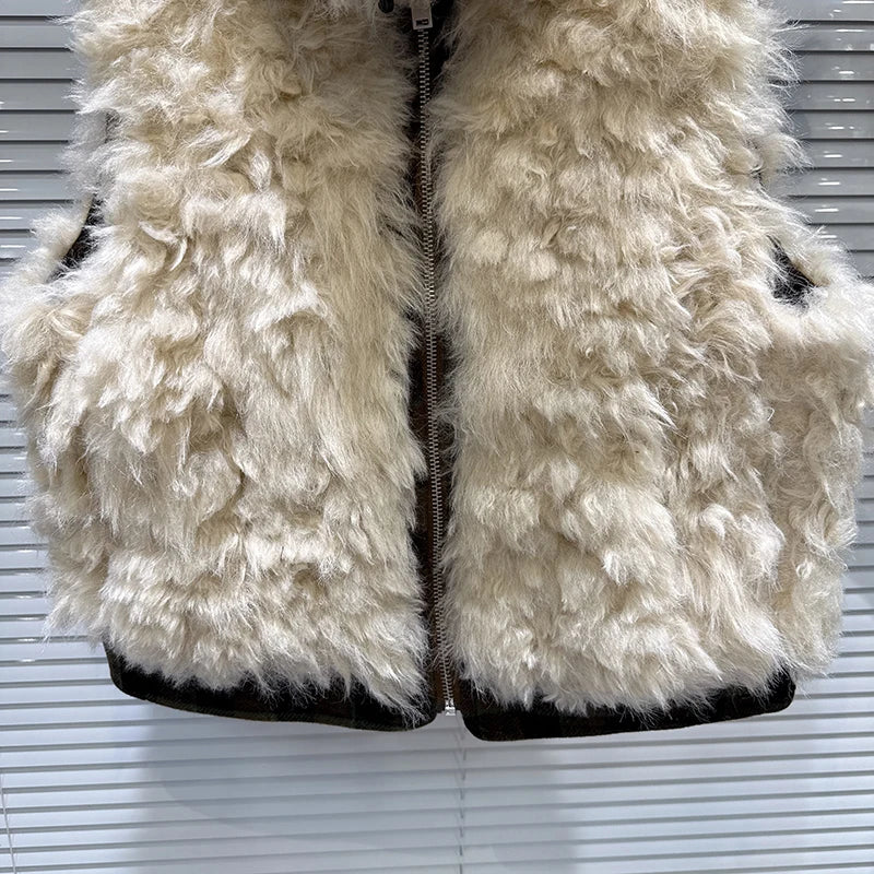 Winter New Fashion Faux Lamb Wool Plaid Reversible Vest For Women Versatile Zipper Waistcoat Female Trendy 11A07854