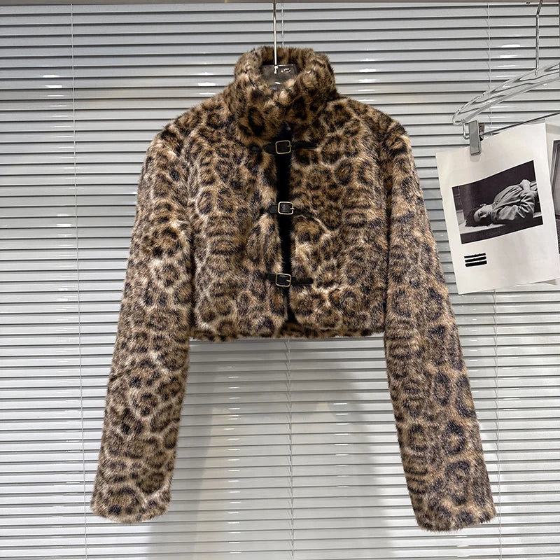 Winter New Fashionable Leopard Print Buckle Belt Fur Short Coat For Women High Street Warm Jacket Female 11A07955 Leopard Pattern