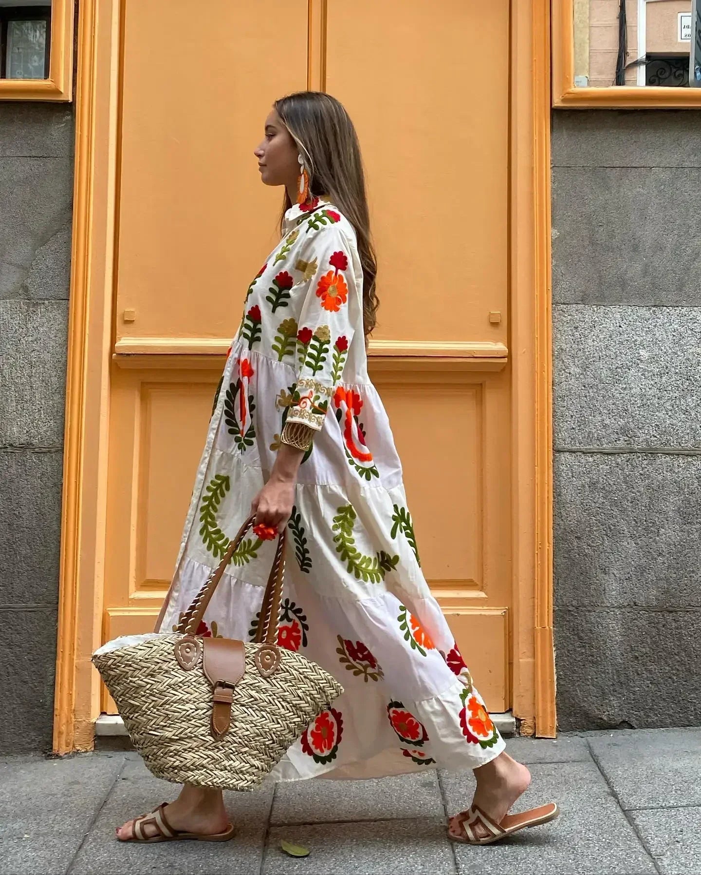 Vintage Flower Print Single Breasted Long Dress Women Elegant Lapel Half Sleeves Loose Hem Dresses Female Vocation Vestidos Color