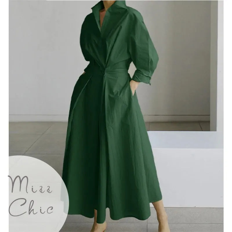 S-5XL 韓国ファッション長袖シャツドレスシックなターンダウンネックシャーリングマキシドレス女性 2022 秋冬服ストリート