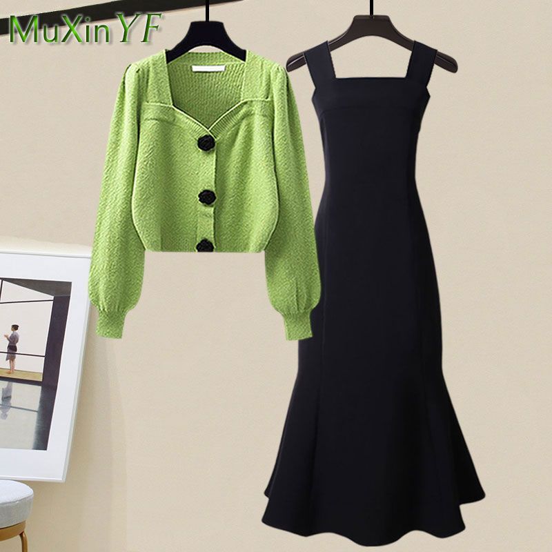 Women's 2024 Spring Autumn Fashion Knitted Sweater+Strap Dress Two-piece Korean Elegant New in Matching Sets Female Skirt Suit