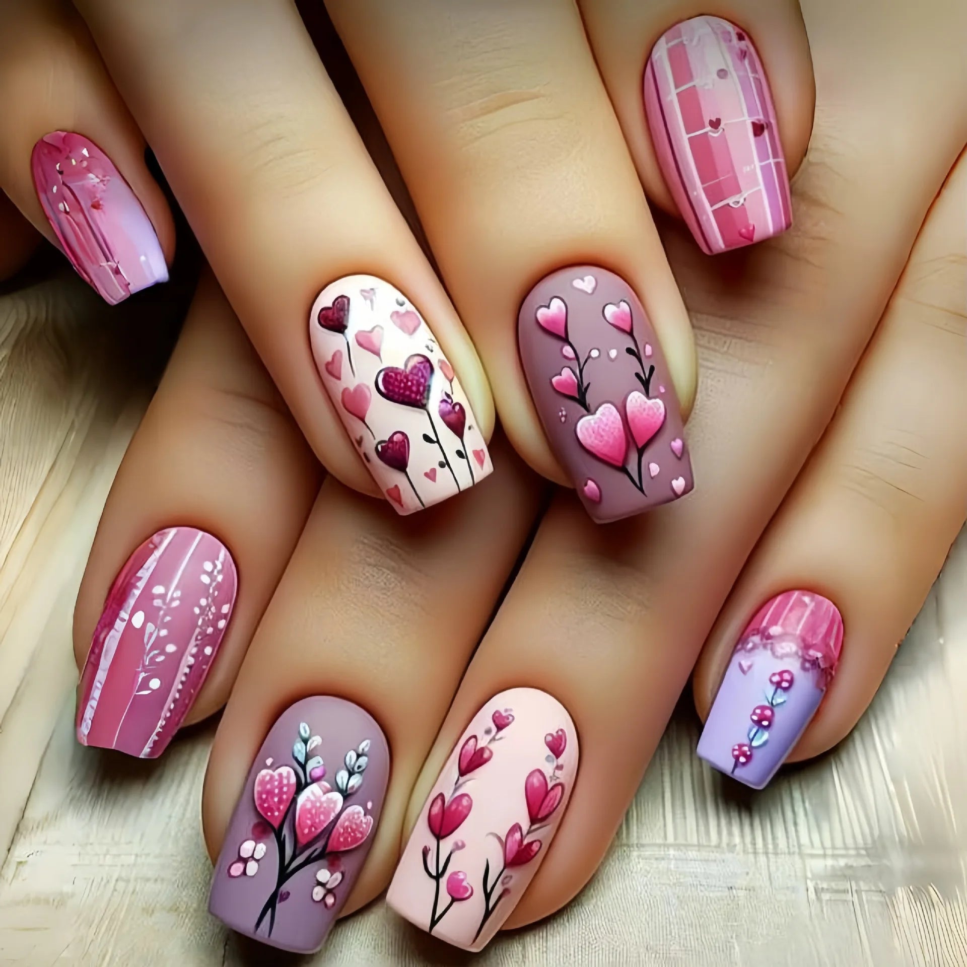 24pcs/set medium long fake nails for women cute gradient pink red heart rose flowers for Valentine's Day press on acrylic nails 1770