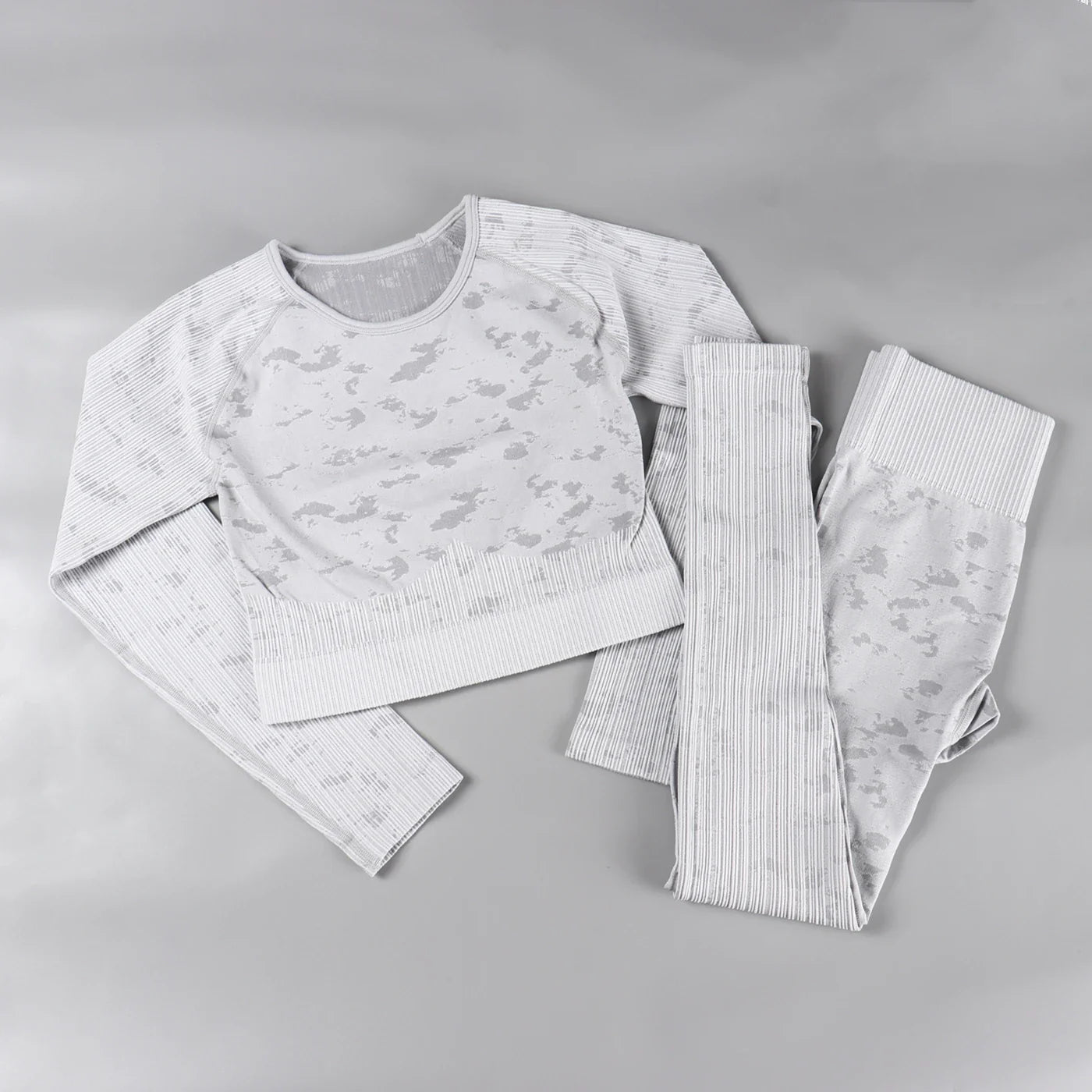 Rid Seamless Yoga Set Women 2pcs Two Piece Long Sleeve Crop Top T-Shirt Leggings Outfit Clothes Gym Wear Fitness Suit Sport Sets Upgrade Gray Set