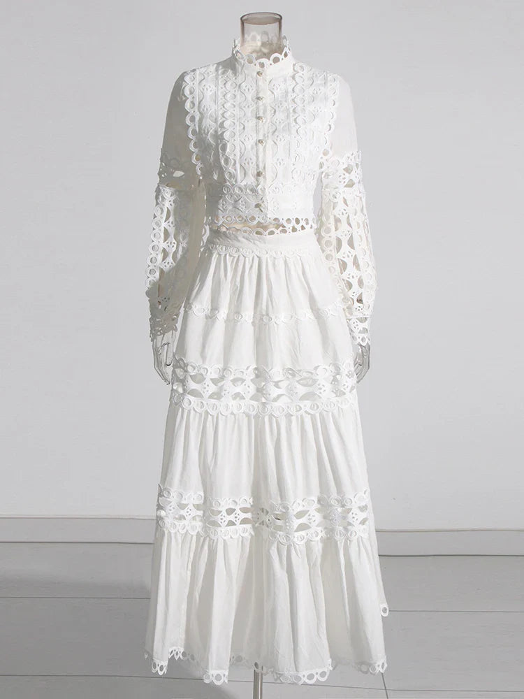 Elegant Two Piece Sets For Women Stand Collar Lantern Sleeve Tops High Waist Skirt Hollow Out Set Female Clothing WHITE