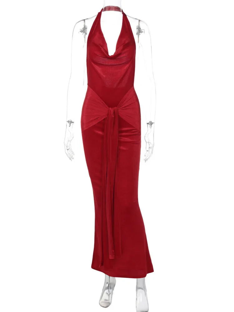 Halter Draped Ruched Sexy Maxi Dress For Women Gown Deep V Neck Sleeveless Backless Bodycon Club Long Dress Elegant